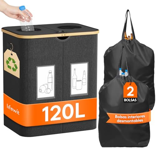 Lifewit Recolector Botellas con Tapa, 2 Compartimentos Contenedor de Clasificación Selectiva para Botellas de Plástico y Vidrio, Contenedor Reciclaje, Almacenamiento Cocina, Gris Oscuro 120 L