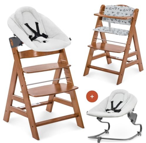 Hauck Alpha Plus Walnut 4-tlg. Newborn Set Light Grey- Hochstuhl + Neugeboreneneinsatz & Wippe Premium + Sitzkissen Nordic Grey
