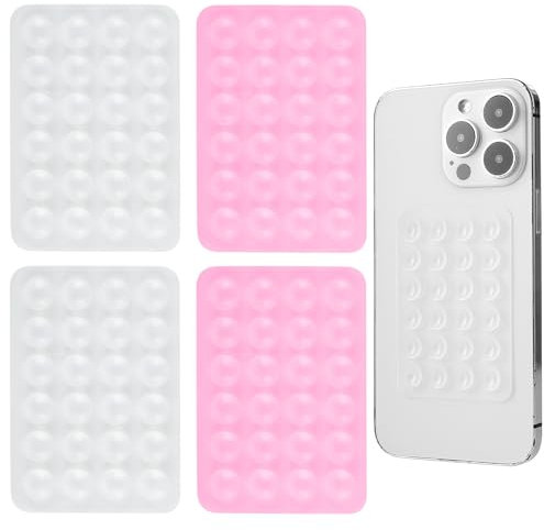 Lot de 4 supports de téléphone à ventouse en silicone, support adhésif – Forte adhérence antidérapante – Support pour selfies, vidéos – Transparent, rose