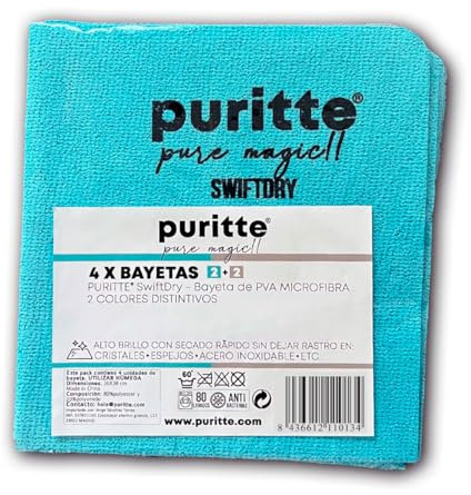 Puritte SwiftDry Bayetas de PVA Microfibra (4 Unidades 2+2) – Ultra Absorbentes y Duraderas, para Limpieza Eficiente y Sostenible, Multiusos, 36x38 cm, Azul y Gris