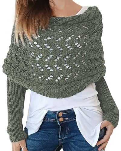 Icegrey Schal Mit ärmeln für Damen, Gestrickter Zopfmusterschal, Winter Pullover Schal, Sweater Scarf with Sleeves, Strickschal, Army Green