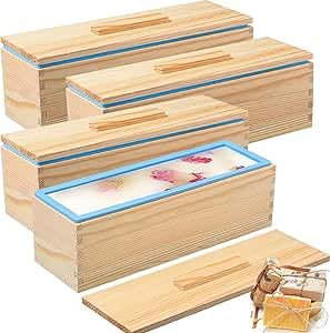 Lot de 4 moules à savon en silicone - 1200 ml - Rectangulaires - En bois - Avec caisses en bois et couvercles - Pour la fabrication de savon - Bleu