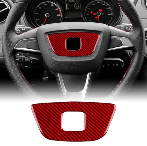 KUNGKIC Für Seat Ibiza 6j 2009 2010 2011 2012 2013 2014 Zubehör Kohlefaser Auto-Lenkrad Abdeckung Aufkleber Lenkrad-Mittelmarkierung Dekorative Innenbereich Auto Teile Geschenk (Rot)