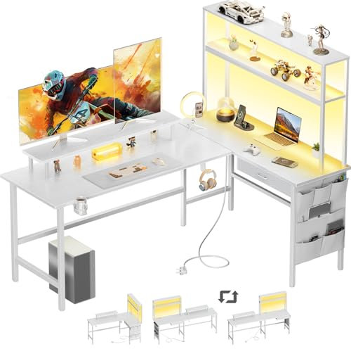 HLFURNIEU Bureau d'angle avec Rangement, 150 x 100 cm Bureau Gaming en L avec LED, Table Ordinateur avec Prise Intégrée & Port USB, Table Gamer avec Tiroir, Sac de Rangement et Support d'Ecran, Blanc