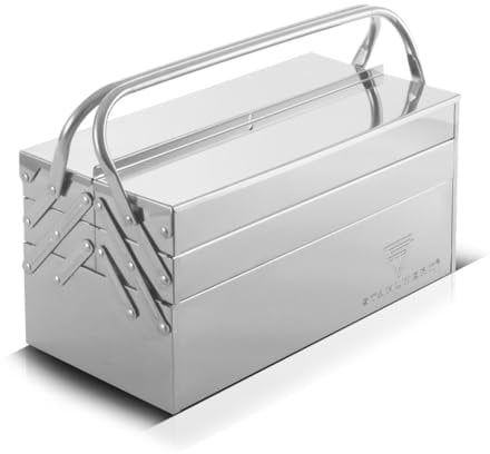 STAHLWERK Werkzeugkasten aus Edelstahl Werkzeugkiste aus Metall, seitlich ausziehbar hochwertige Werkzeugbox leer mit 5 Fächern platzsparender Werkzeug-Organizer ohne Werkzeug