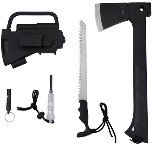 SvegaR Camping Axe and Hatchet Multi-Tool – 14 Survival Outdoor Axe, Includes Handsaw, Fire Starter, Sheath, Fishing Kit & Whistle – Compact Tool for Camping, Hiking & Bushcraft