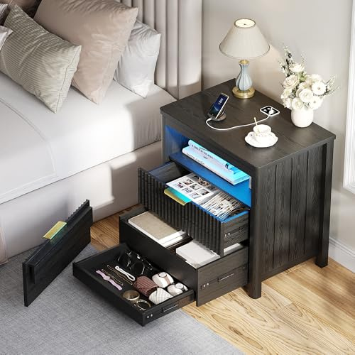 Gurexl 24 L Bedside Table with Auto Sensor and Charging Station for Bedroom,Black Nightstand with Hidden Drawer and LED Light,Farmhouse Wood Bedside Cabinets with 3 Drawer for Dorm,Sofa,Office