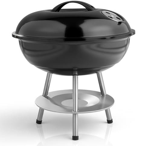 Bonnlo Classic Kettle Barbecue - 34cm Grill Area, Charcoal BBQ Grill with porcelain-enameled lid, Desk Tabletop BBQ, Adjustable Vent - Black