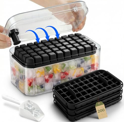 Eiswürfelform,Eiswürfelbehälter mit Deckel 200 Eiswürfelund Großem Fassungsvermögen Ideal für Whisky,Cocktails,Kaffee,Getränke（schwarz）