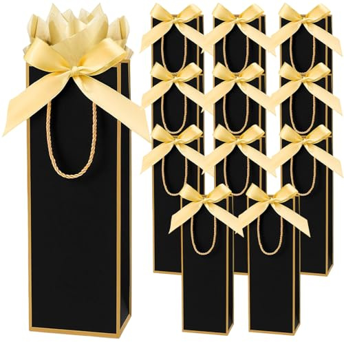 12pcs Wine Bottle Gift Bags, 11IN Wine Gift Bags with Tissue Paper Ribbon | for Wedding Birthday Festival Retirement Party Supplies, Black