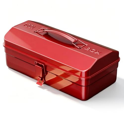 Metal Tool Box Empty, Tool Storage Box with Carry Handle and Metal Latch 37 x 16 x 12 cm Portable Toolbox for Small Parts for Tools (Red)