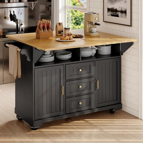 BTM Kitchen Island On Wheels with Drop-Leaf Table, Rolling Serving Trolley with Storage Rack, Buffet Cabinet, Sideboard, Black