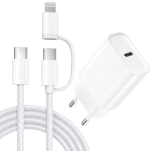 Cavo 2-in-1 USB C/Lightning 2M + Caricatore 20W per Tutti gli iPad e iPhone | Per iPad 1-9/10/11/12 Gen/A16, Pro 11/12.9/13, Air 1-6, Mini, Cavo Ricarica 60W 2M con Caricabatterie Apples Originale
