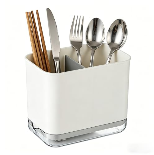 Tuwyii Escurridor de Cubiertos Multifuncional Porta Utensilios Extraíble con Drenaje Automático, Cesta Secado Cubiertos para Fregadero de Cocina (Blanco)