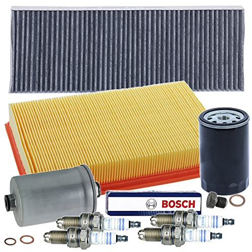 Inspektionspaket SET D 1x Ölfilter 1x Luftfilter 1x Innenraumfilter (Pollenfilter) mit Aktivkohle 1x Kraftstofffilter 4x Zündkerze BOSCH Super Plus WR7LTC+ 1x Ölablass-Schraube 1x Dichtring für Ölablass-Schraube