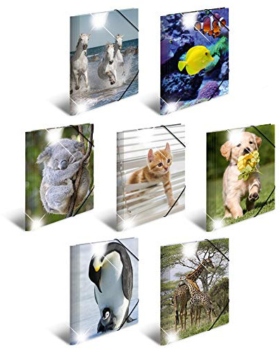 HERMA Sammelmappen A4 Tiermotive Set, 10 Stück, Kinder Eckspanner-Mappen aus Kunststoff mit Tier Motiv, Hochglanz-Optik, Gummizug, Innenklappen und Innendruck für Jungen und Mädchen