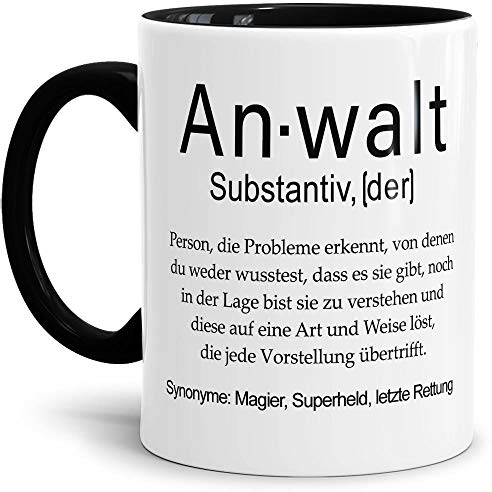 Tassendruck Tasse mit Definition Anwalt - Wörterbuch/Geschenk-Idee/Dictionary/Beruf/Job/Arbeit/Familie/Innen & Henkel Schwarz