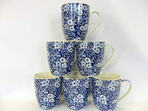 Heron Cross Pottery Abbeydale Collection Set of 6 Aspen China Mugs in Blue Victorian Calico design.