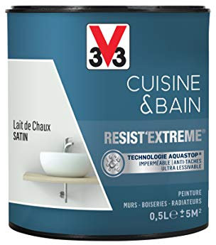 V33 Peinture multi-supports monocouche Cuisine & Bain Resist'Extrême® Satin, Lait de chaux, 0,5L