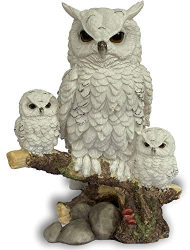 Objectz - Figur Skulptur Eule auf Stamm mit Zwei Baby Eulen - Eulenfamilie - Gartendeko - Eule - Uhu - schöne Deko für Heim und Garten, innen und außen, wetterbeständig (weiß)