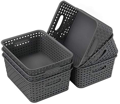 Gloreen 6 Packs Desktop Storage Basket, Small Plastic Weave Storage Baskets, Grey