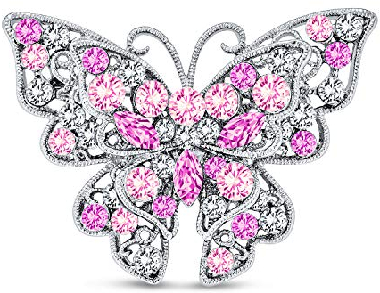 Grande Broche Papillon En Cristal Rose Pour Femmes Déclaration De Mode Design Filigrane Laiton Plaqué Argent