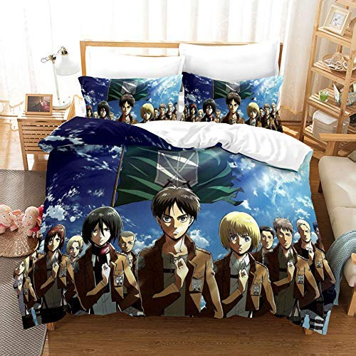 PTNQAZ Anime Attack on Titan Bettwäsche-Set für Jungen, 3D-gedruckte Bettbezüge mit Kissenbezügen, Kinder-Bettwäsche (Einzelbett)