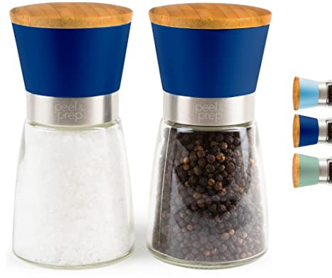 peel & prep Salt and Pepper Grinder Set - Premium Quality Ceramic Grinder - Refillable - Season to Perfection with an Adjustable Grinder - Wooden lids to retain Freshness - Large Capacity (Ink Blue)