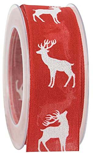 finemark 3 m x 40 mm Dekoband Hirsch Rot Weiss Geschenkband mit Drahtkanten Draht Schleifenband Stoffband Deko Geschenkverpackung Band Herbst Winter Weihnachten Advent