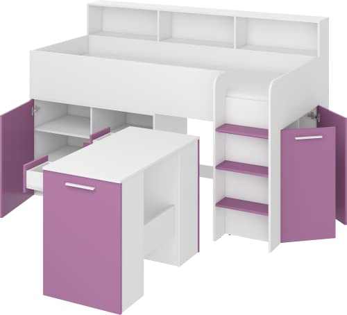 FurnitureByJDM Kompaktes, Modernes Hochbett mit Schreibtisch, Schubladen und Bücherregal - NEO R - (Weiß/Lavendel)