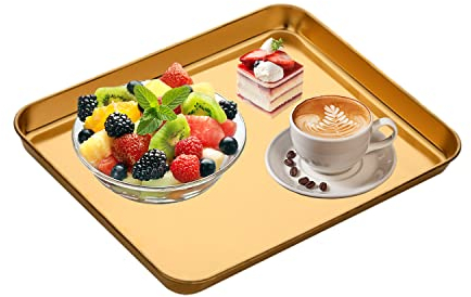 Edelstahl Tablett, Golden Rechteckige Serviertabletts Aufbewahrungsplatte mit flachem Boden für Hause Restaurant Snacks Desserts Früchtetee - 31,3 x 24,5 x 2,5cm