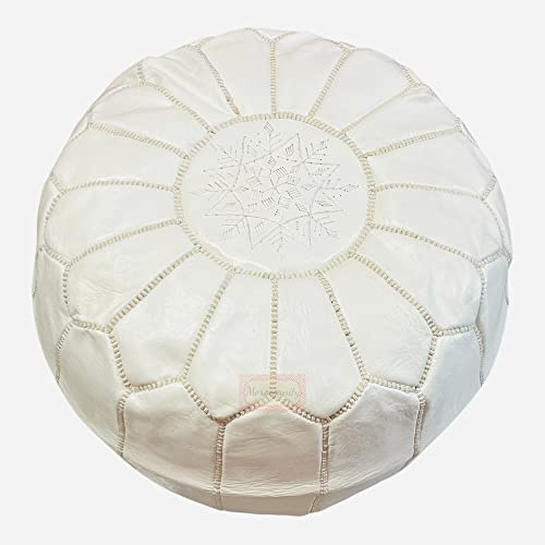 Handgefertigter marokkanischer Sitzhocker aus echtem Leder, luxuriös, 100 % echtes Leder, ohne Füllung, Weiß