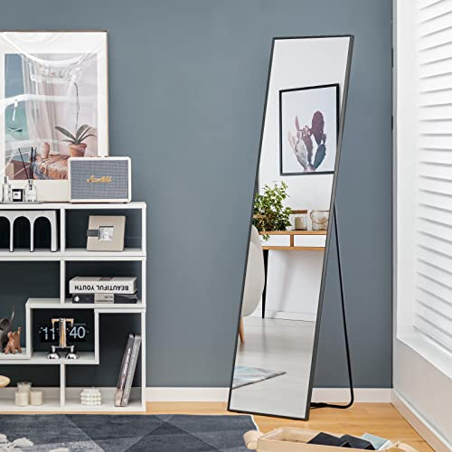 RELAX4LIFE Grand Miroir sur Pied Chambre 40x160CM avec Cadre Alliage d'alu et Verre Antidéflagrant, Grand Miroir Mural Rectangulaire pour Salon Vestiaire Couloir (Noir)