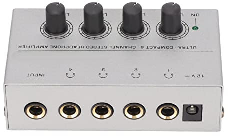 FOUF Amplificador de Auriculares, HA400 4 Canales Amplificador de Auriculares de Ruido Ultrabajo Amplificador de Audio Estéreo de Metal Portátil Multifuncional Mini Divisor de(Enchufe de la UE)