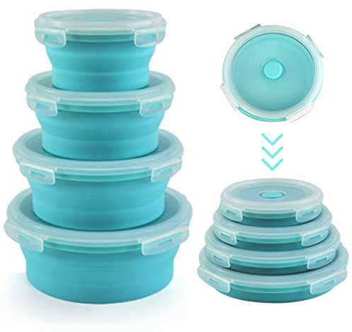 Sungbesi Faltbare SchüSsel Camping Zubehör, Frischhaltedosen mit Deckel, 4 Pcs Rund Faltschüssel Schule Bento Box, Silikon Faltbare Brotdose Food Containers, Bpa-Frei, Camper Zubehör für Küchen, Blau