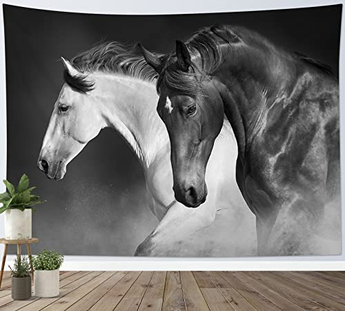 LB Wandteppich Schwarzes und weißes Pferd Wandtuch Wildes Tier Wandbehang Weinlese Tapisserie für Wohnzimmer Schlafzimmer Wohnheim Wanddeko,150x130cm