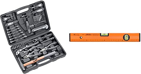 kwb Werkzeugkoffer aus robustem Hartkunststoff & CON:P Wasserwaage, Leichtmetall, 2 Libellen, Stoßkappen, 40 cm, 1 Stück, B26914, Orange