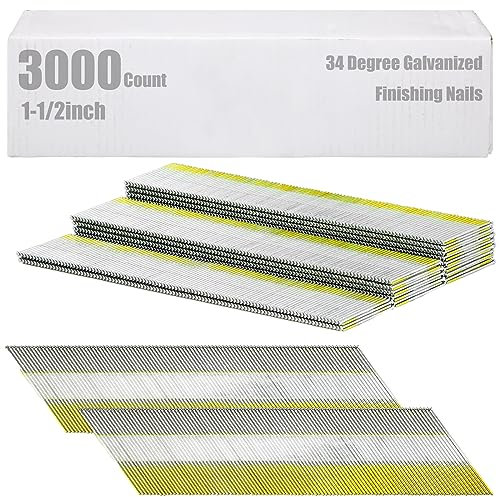 Therwen 3000 Count 15 Gauge Angled Finish Nails, 34 Degree Galvanized Finishing Nails for Pneumatic, Electric Angled Finish Nailer (1-1/2)