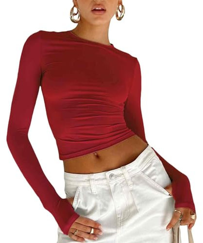 Maglietta a Manica Lunga Donna Sexy Maglietta a Maniche Lunghe con Fori per i Pollici Ragazza Crop Top in Pizzo Ragazza Top Solido Taglio Slim Aderente Ragazza Shirt Corto Elegante (Rosso, S)