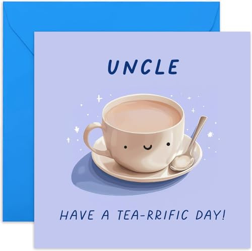 Old English Co. Funny Birthday Cards for Uncle - 'Tea-rrific Day' Humorous Pun Birthday Card for Him - Cute Thank You Card for Men - Cup of Tea Well Done Card | Blank Inside with Envelope