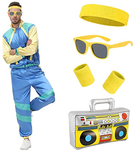 80er Jahre Outfit Herren Damen, Trainingsanzug 70er 80er Jacke Hose Anzug, 80er Jahre Kostüm mit Stirnband Armbänder Brille Paare, Retro Style Jogginganzug Bad Taste Outfit Karneval (Blau, L)