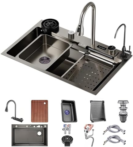 Fregadero De Cocina De Acero Inoxidable, Con Grifo De Extracción Fregadero De Barra De Cascada Multifuncional Fregadero Nano RV De Un Solo Tazón Con Juego Completo De Accesorios ( Color : negro , S :