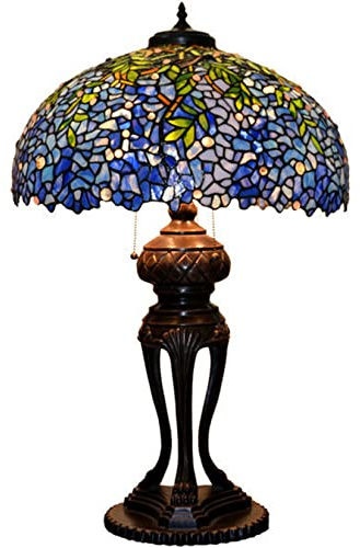 AIBOTY Tiffany Tischlampe Buntglas-Nachttisch-Leselampe 3-Flammig, 20X20X32 Antike Viktorianische Schreibtischlampe Im Kunststil Für Schlafzimmer Wohnzimmer Büro Eisensockel,Wisteria
