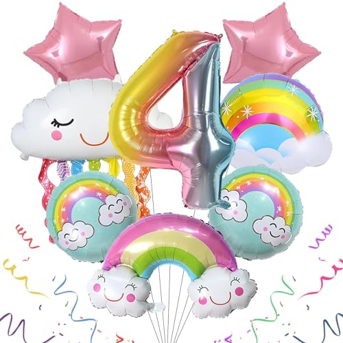 SPHERETRON Regenbogen Geburtstagsdeko 4, Folienballon Wolken, Regenbogen Sterne und Zahl 4 Ballon, regenbogen luftballons für 4 Jahr Mädchen Geburtstagsdeko Regenbogen Kindergeburtstag Deko