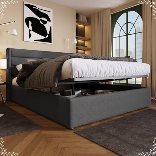 KnSam Stauraumbett Polsterbett Hydraulisch Doppelbett 140x200cm, Lattenrost aus Holz, Bett mit Lattenrost aus Metallrahmen, Leinen, Grau