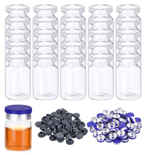 PATIKIL 5ml Glass Vials, 100pcs Glass Vial Small Glass Vials Empty Sample Bottle Mini Clear with Caps Seal Rubber Stopper Injection Port for Lab Injection Plants Essential Oil Transparent