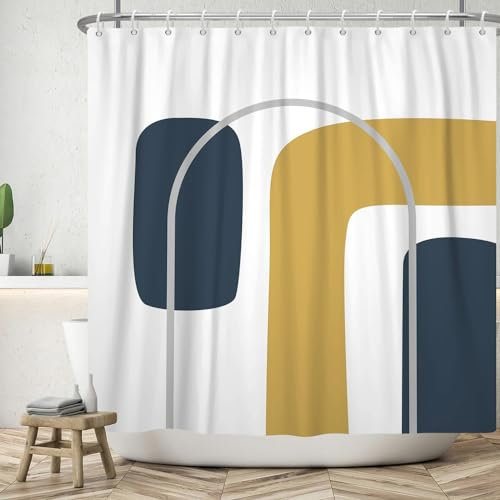 ASDCXZ Rideau de Douche Géométrie 180x180 cm, Moderne Boho Bleu Marine Jaune Gris Géométrique Blanc Lavables Textile Rideau de Bain imperméable pour Baignoire avec 12 Crochets
