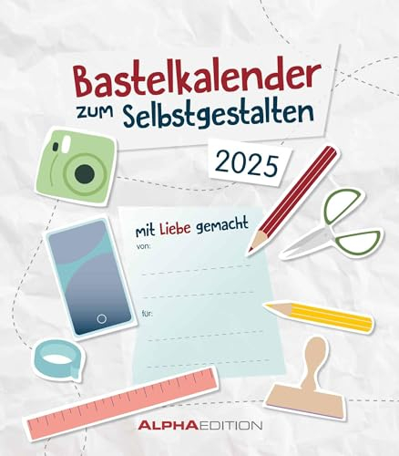 Alpha Edition - Do-it Yourself weiß 2025 Foto-Bastelkalender, 21x24cm, Bastelkalender mit Seiten aus hochwertigem Bastelkarton, gestaltbares Titelblatt mit Jahreszahl, internationales Kalendarium