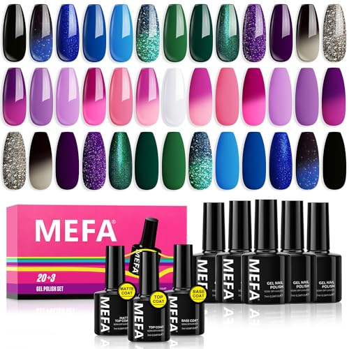 MEFA UV Nagellack Set, 20+3-Gel Nagellack Pink Glitzer Grün Blue -Glossy&Matte Top Base Coat-Soak Off Gellack Uv Lack für Nail Art Maniküre Salon