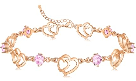 Bracelets for Womens 925 Sterling Silver Love Heart Bracelet Jewellery for Women Birthday Christmas Valentines Mothers Day Gifts (Rose Gold-Pink)